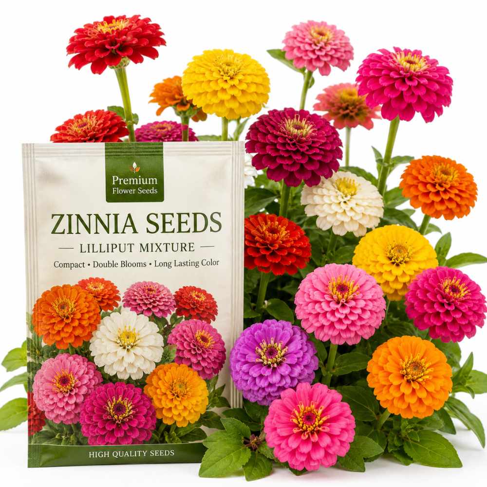 50 Dwarf Zinnia Seeds Lilliput Mixture for Planting Outdoors, Non-GMO Heirloom Flower Seeds, Low Maintenance Dwarf Pom-Pom Blooms for Patios & Gardens