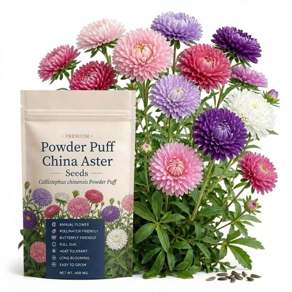 200 Pcs Powder Puff Aster Seeds Mix, Heirloom Non-GMO Annual, Low Maintenance Colorful Fluffy Blooms for Late Summer Yard Borders