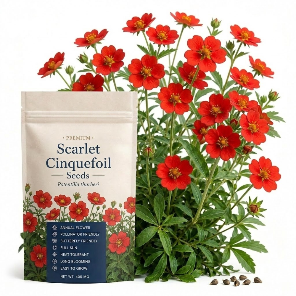 200 Pcs Scarlet Cinquefoil Seeds, Heirloom Non-GMO Perennial, Low Maintenance Deep Red Blooms for Yard Borders