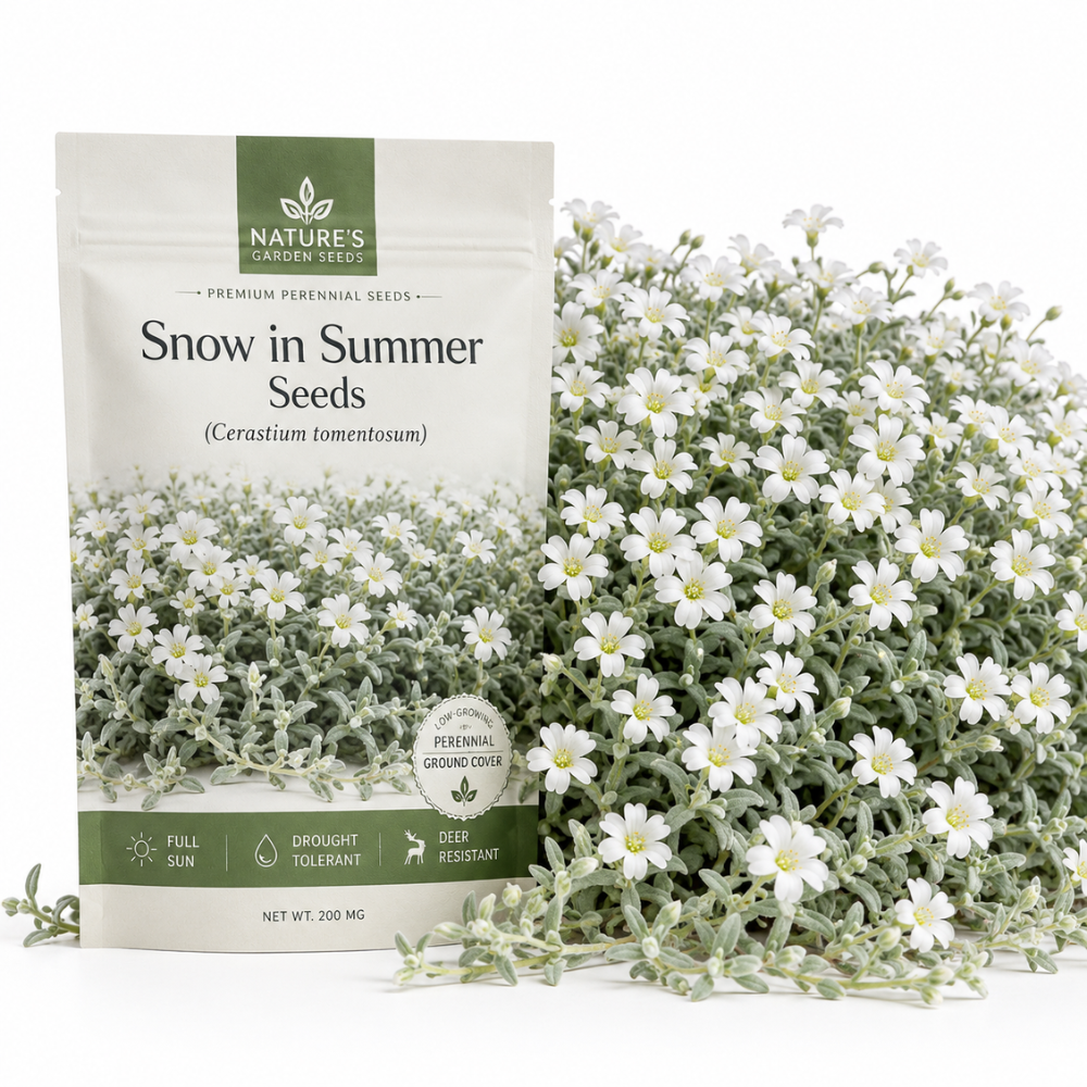 500 Pcs Snow in Summer Seeds, Heirloom Non-GMO Perennial Ground Cover, Cold-Hardy White Blooms & Silver Foliage