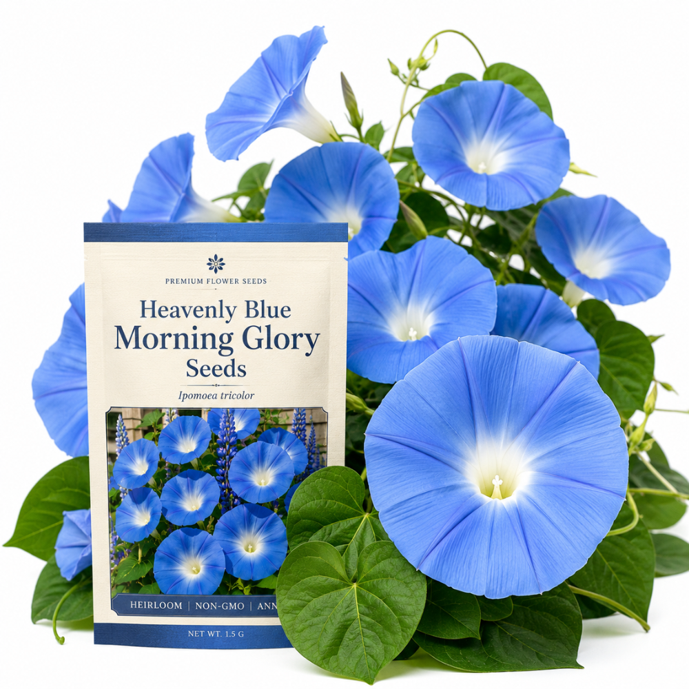 50 Pcs Morning Glory Seeds for Planting, Non-GMO Heirloom Heavenly Blue Seeds, Low Maintenance Sky Blue Blooms for Trellises & Fences