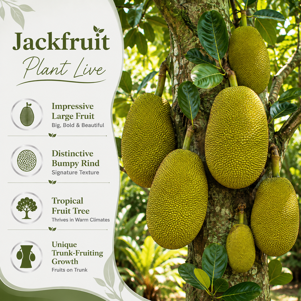 Jackfruit Tree Plant, 3 Feet Size, 3 Gallon Pot, Well-Rooted Tropical Tree, Low Maintenance Fruit Plant for Sunny Outdoor Spots (No Ship to CA,HI,AK)