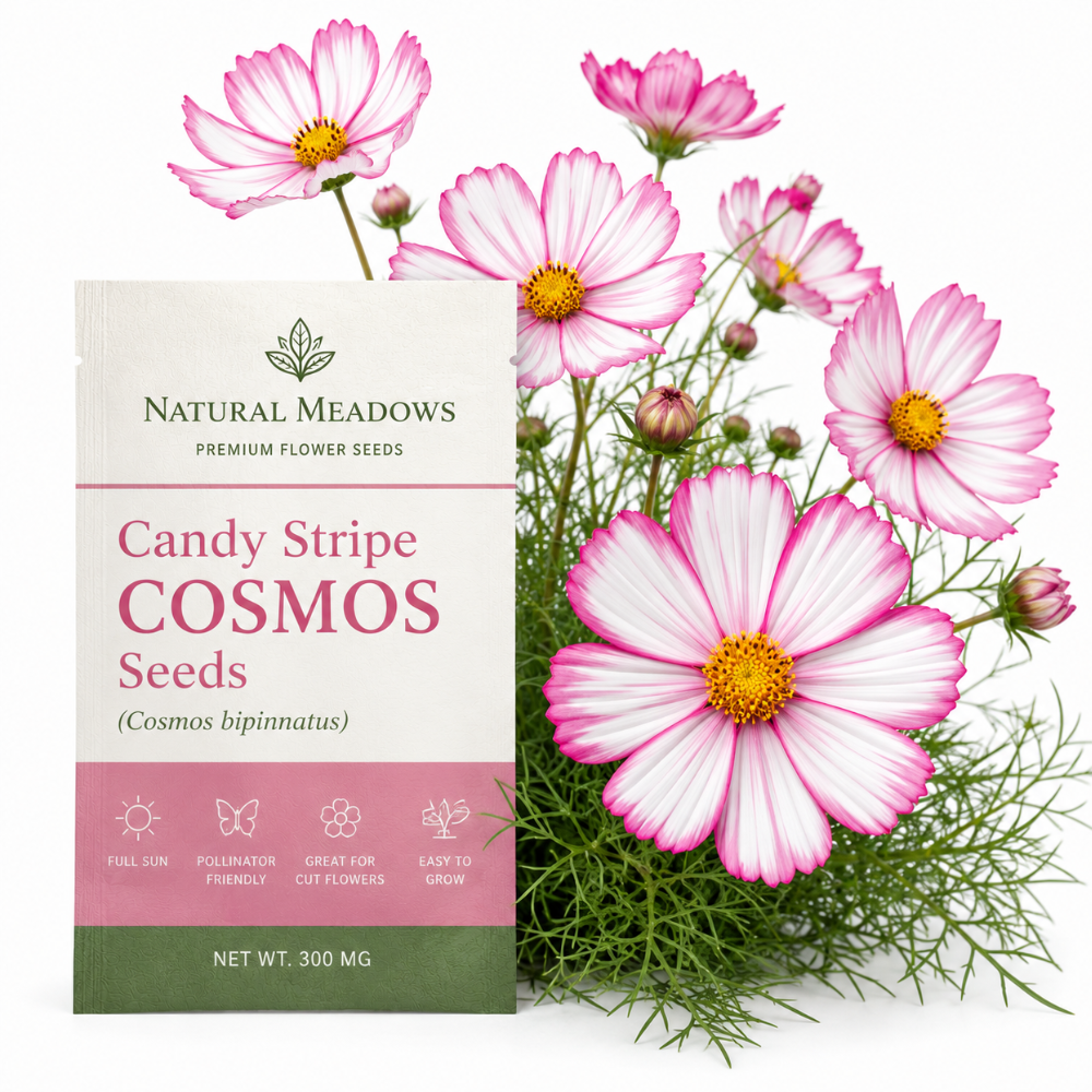 60 Pcs Candystripe Cosmos Seeds for Planting, Non-GMO Heirloom Pink & White Striped Flowers, Low Maintenance Blooms for Yard Borders