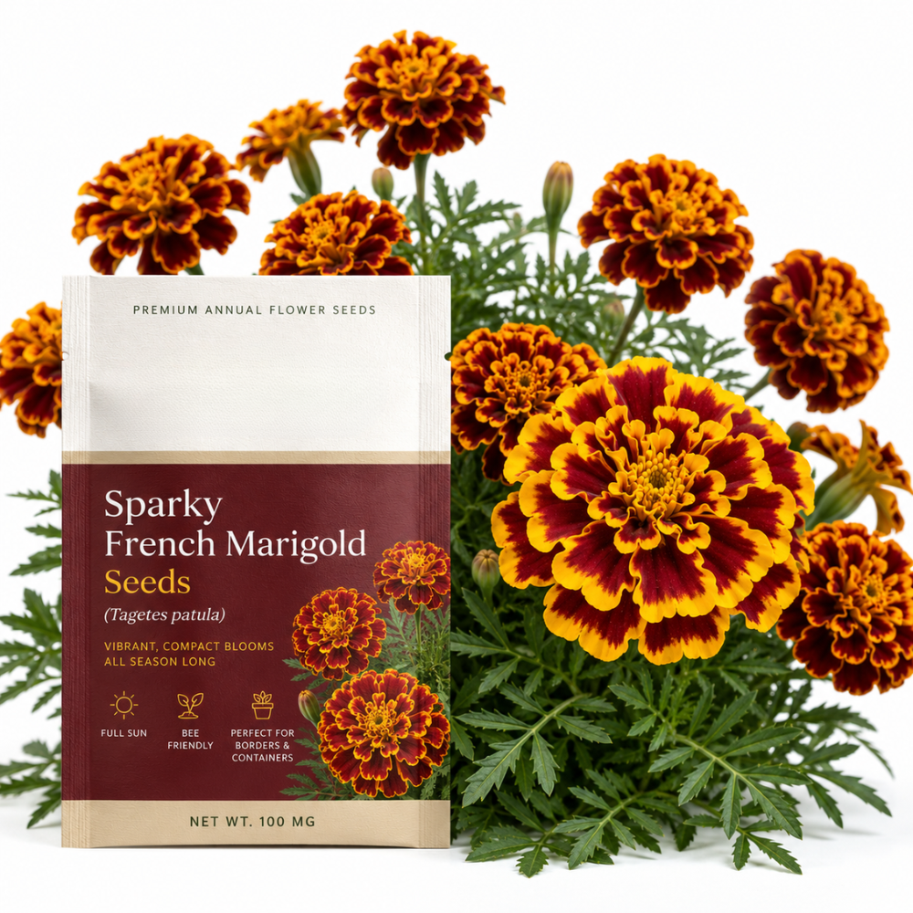 300 Pcs Sparky French Marigold Seeds for Planting Outdoor, Non-GMO Heirloom Wavy Double Flowers, Low Maintenance Orange & Gold Blooms for Yard Borders