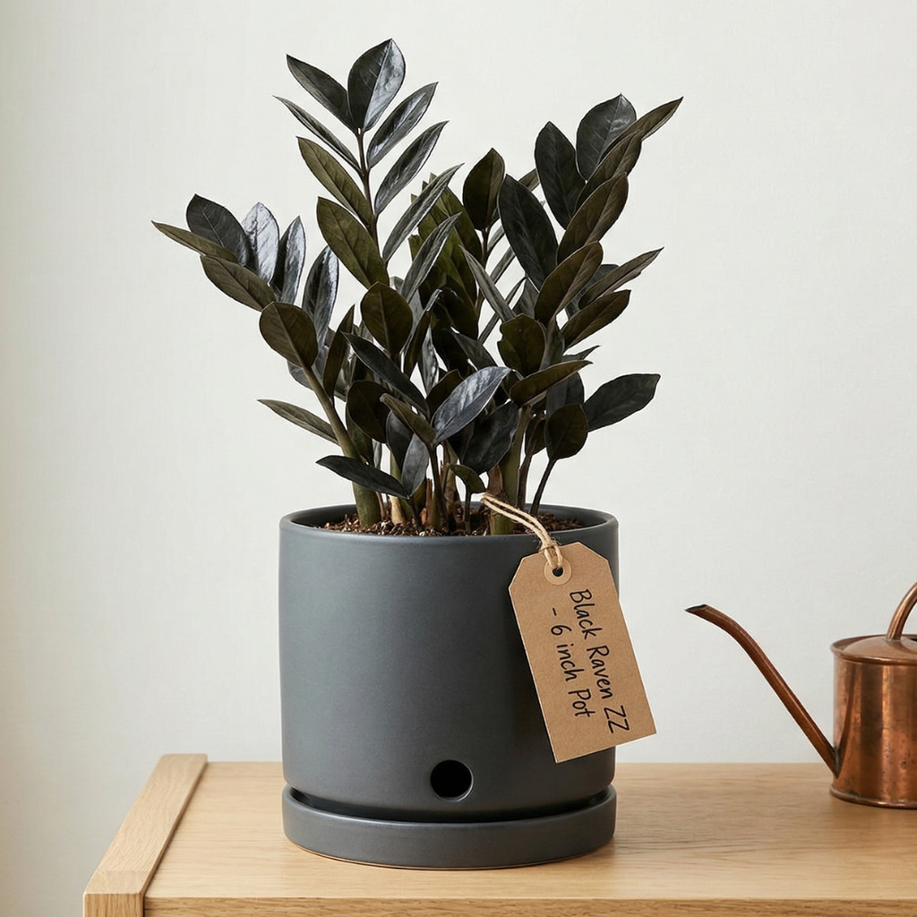 ZZ Plant Live in 6’’ Inch Pot - Black Raven ZZ Plant Live with Glossy Dark Foliage | Easy-Care Zamioculcas for Indoor Rooms, Works Well in Homes, Apartments & Office Settings