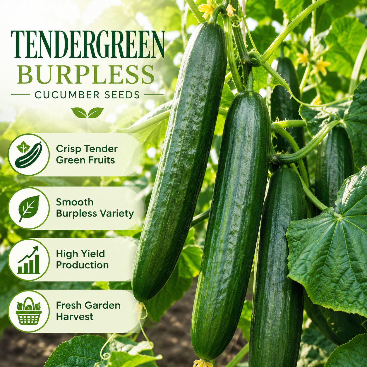 50 Tendergreen Burpless Cucumber Seeds, Non-GMO, Crispy Sweet Cucumber Vegetable Seeds, Fast Growing Summer Crop for Garden Trellis