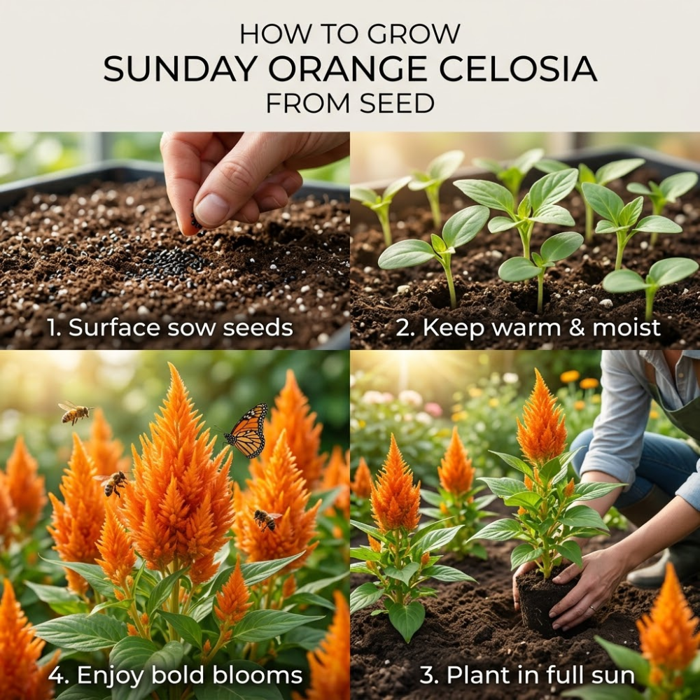 50 Pcs Sunday Orange Celosia Seeds, Heirloom Feather Amaranth for Planting, Fast-Growing Plants for Bright Sunlit Gardens