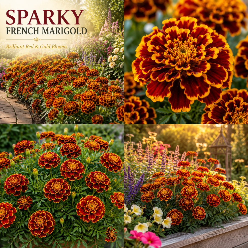 300 Pcs Sparky French Marigold Seeds for Planting Outdoor, Non-GMO Heirloom Wavy Double Flowers, Low Maintenance Orange & Gold Blooms for Yard Borders