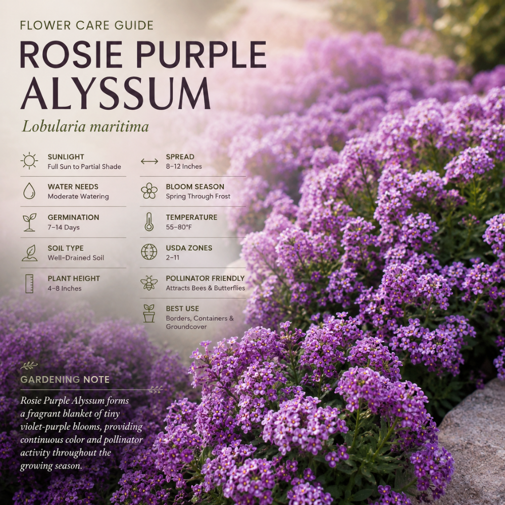1500 Alyssum Seeds for Planting, Vigorous Non-GMO Heirloom Rosie Purple Seeds, Low Maintenance Fragrant Blooms for Borders & Patios