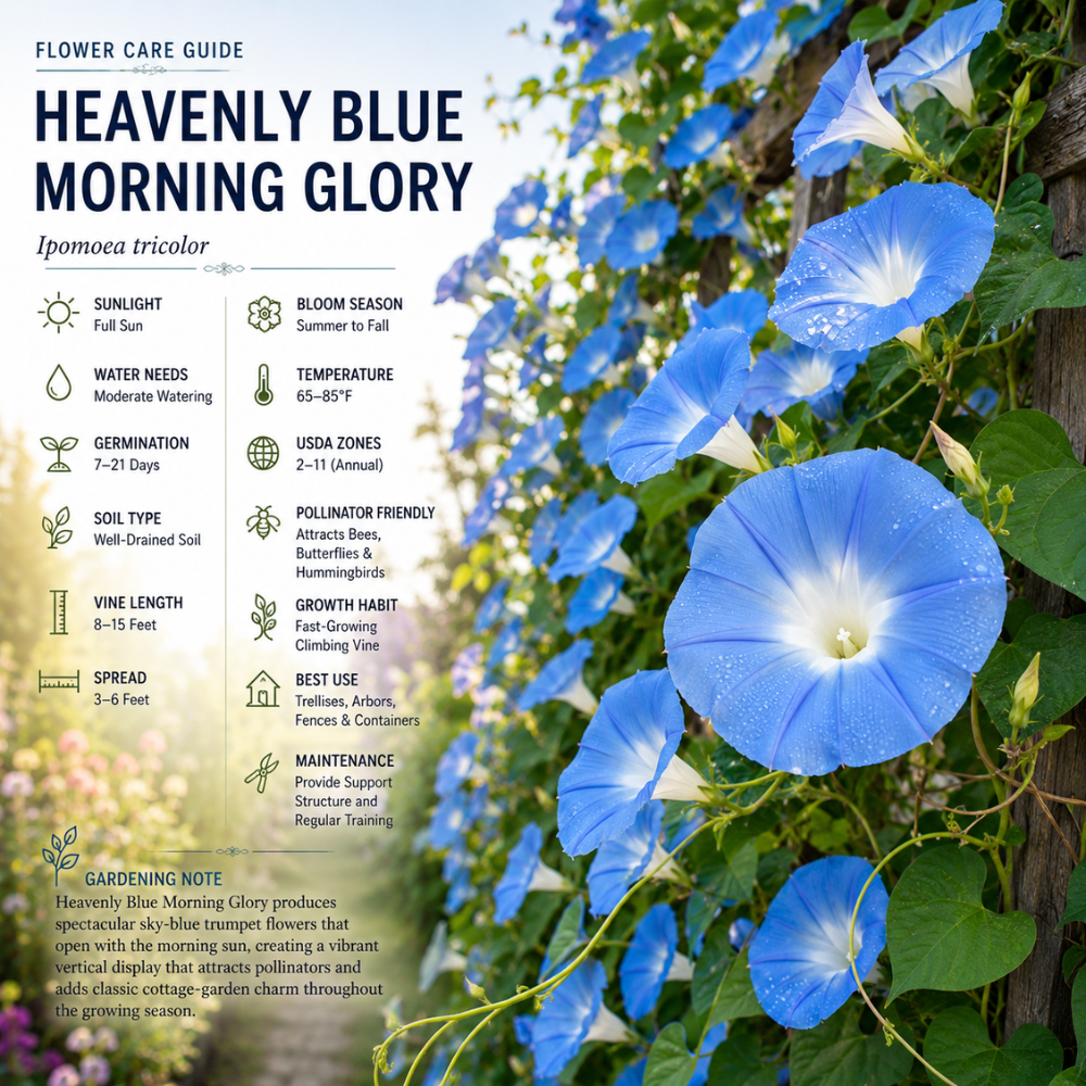 50 Pcs Morning Glory Seeds for Planting, Non-GMO Heirloom Heavenly Blue Seeds, Low Maintenance Sky Blue Blooms for Trellises & Fences