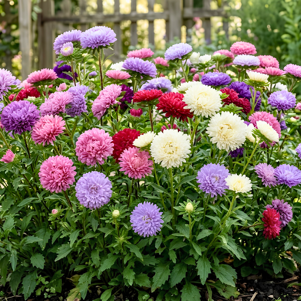 200 Pcs Powder Puff Aster Seeds Mix, Heirloom Non-GMO Annual, Low Maintenance Colorful Fluffy Blooms for Late Summer Yard Borders