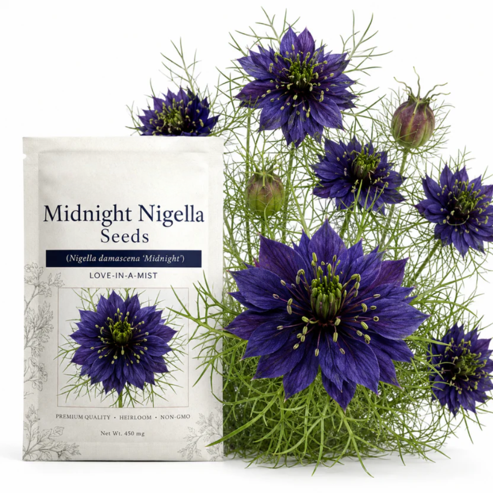 100 Pcs Midnight Nigella Seeds for Planting Outdoors, Non-GMO Heirloom Love in a Mist Flowers, Low Maintenance Dark Violet Blooms for Yard Borders