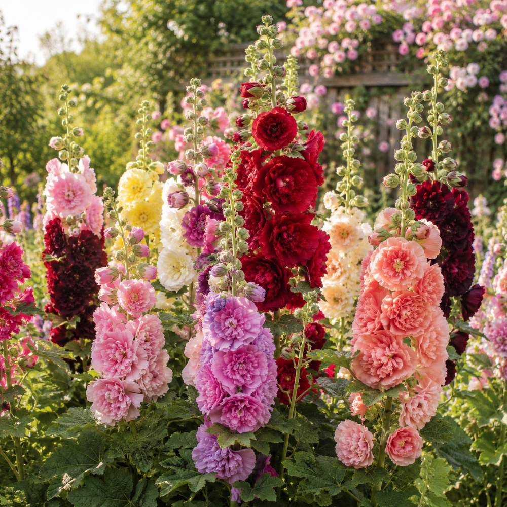 50 Hollyhock Chaters Mix Seeds for Planting Outdoors, Vigorous Non-GMO Heirloom Flower Seeds, Sturdy Tall & Striking Ruffled Blooms for Gardens