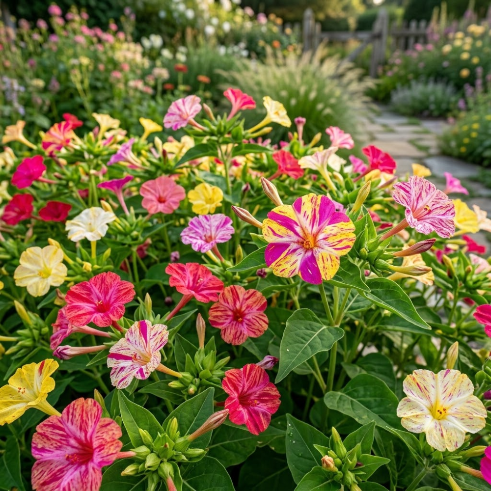 25 Pcs Broken Colors Four O'Clock Seeds for Planting Outdoors, Non-GMO Heirloom Striped Flowers, Low Maintenance Blooms for Yard Borders