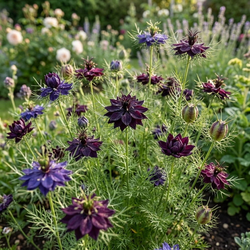 100 Pcs Midnight Nigella Seeds for Planting Outdoors, Non-GMO Heirloom Love in a Mist Flowers, Low Maintenance Dark Violet Blooms for Yard Borders