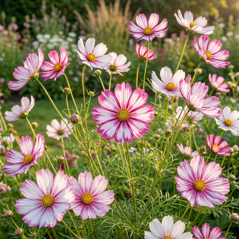 60 Pcs Candystripe Cosmos Seeds for Planting, Non-GMO Heirloom Pink & White Striped Flowers, Low Maintenance Blooms for Yard Borders