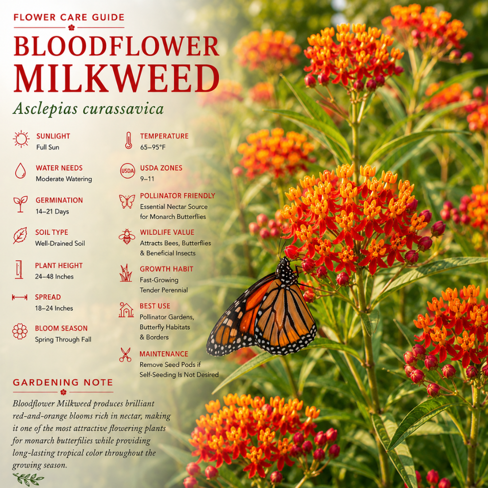 50 Pcs Blood Flower Milkweed Seeds for Planting Outdoors, Non-GMO Heirloom Tall Plants, Low Maintenance Red & Orange Blooms for Yard Borders