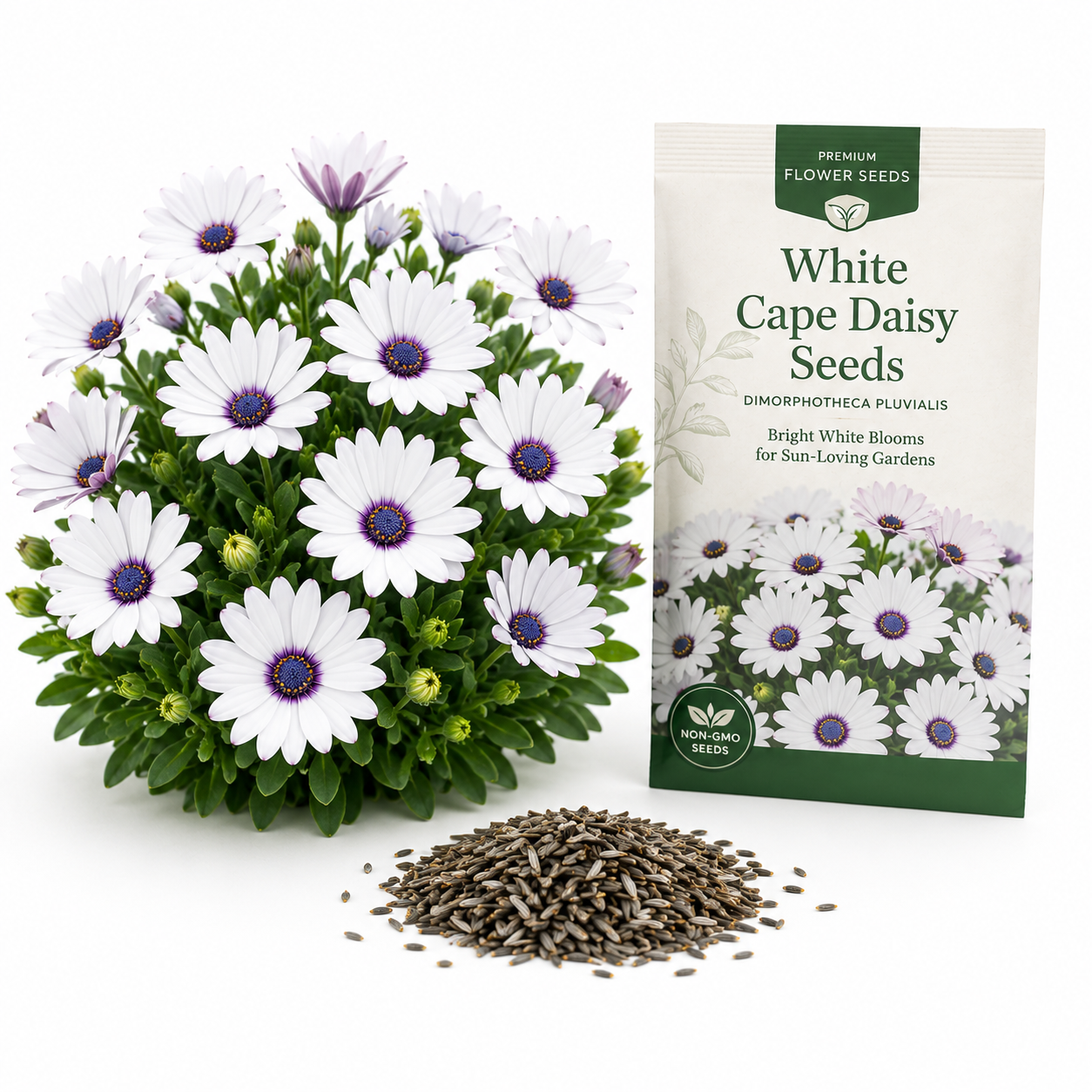 60 White Cape Daisy Seeds for Planting Outdoors, Non GMO, Drought Tolerant, Vibrant White Flower with Blue Purple Center, Perennial for Pots and Patio