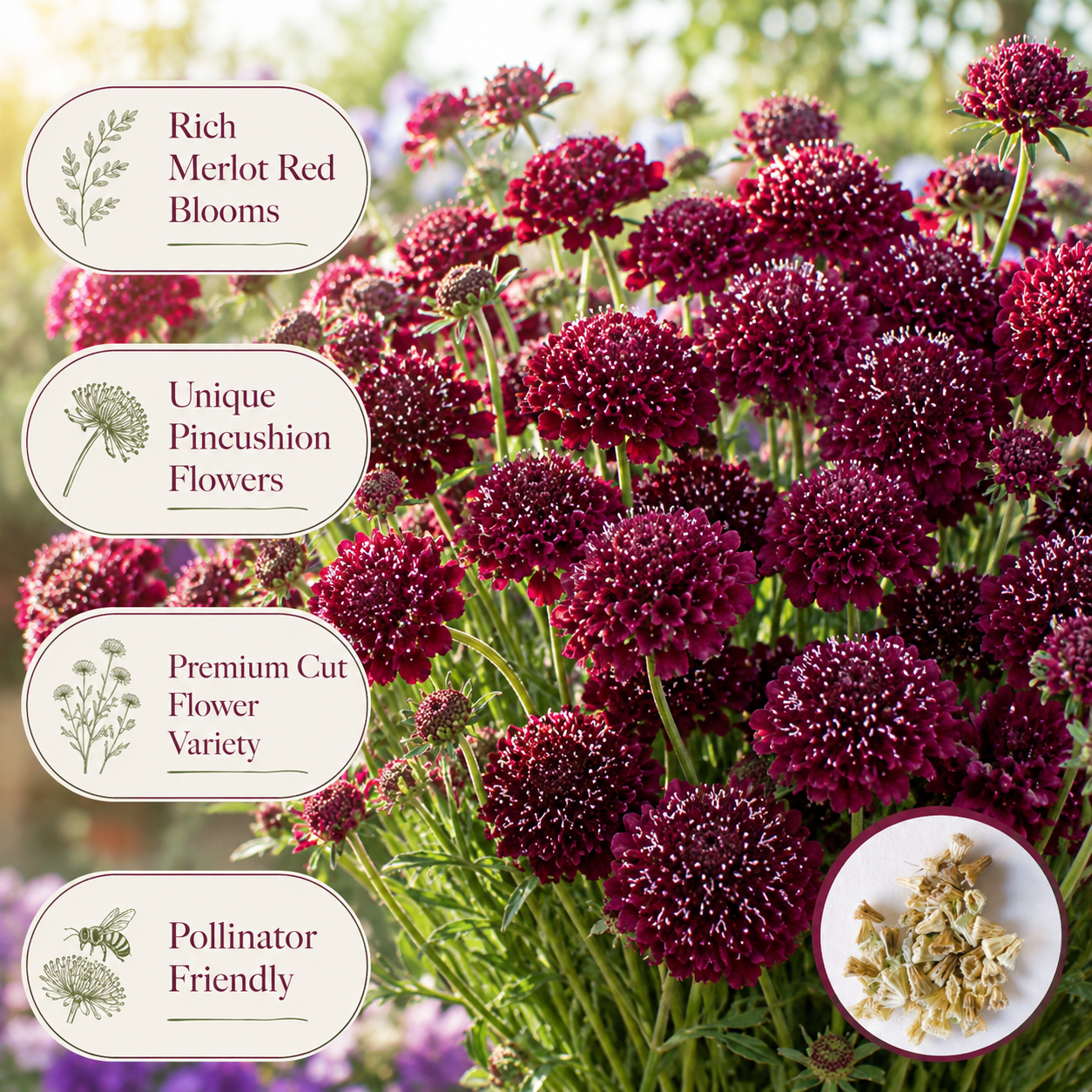 150 Scabiosa Seeds for Planting Outdoors, Non GMO, Fast Growing, Unique Multi-Color Pincushion Blooms, Charming Romantic Architectural Accent