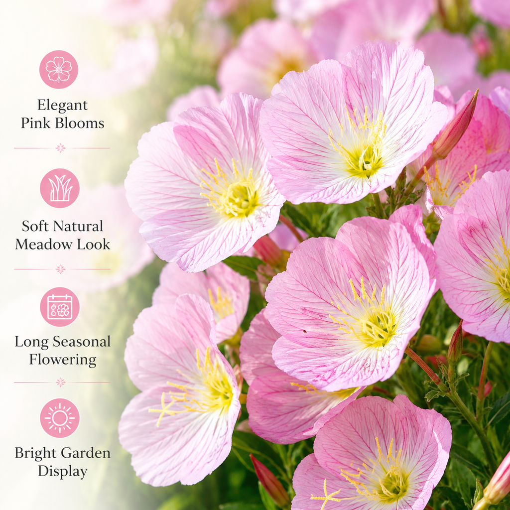 500 Showy Evening Primrose Seeds, Non GMO, Oenothera speciosa Seeds, High-Yielding, Vibrant Pink Flower Perennial, for Sun & Shade Backyard Landscape