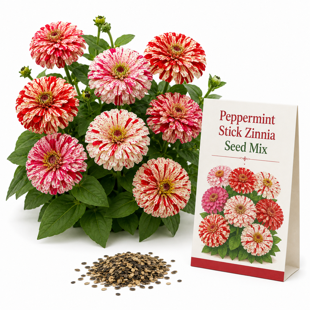 50 Peppermint Stick Zinnia Seeds Mix for Planting, Non-GMO, Fast Growing, Candy-Stripe Variety, Heat Tolerant Butterfly Magnet for Backyard Borders