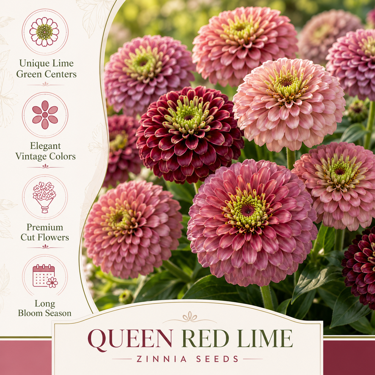 10 Queen Red Lime Zinnia Seeds, Non-GMO Zinnia elegans, High Yield, Vibrant Rose & Lime Green Ombre Flower Seeds for Cut Garden