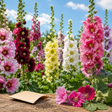 150 Hollyhock Summer Carnival Mix Flower Seeds, Non-GMO, Double Bloom Alcea Rosea Seeds, Spectacular Tall Background Flowers for Outdoor Planting