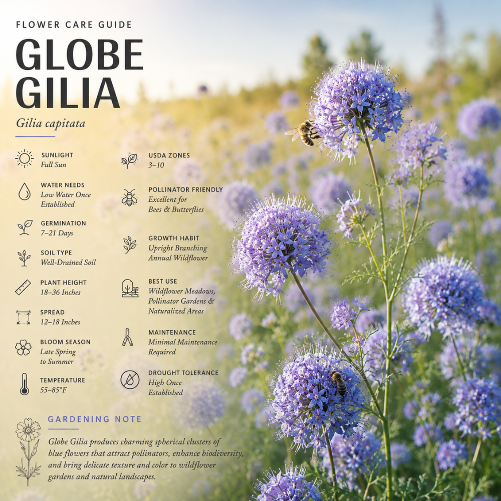 100 Pcs Globe Gilia Seeds for Planting Outdoors, Non-GMO Heirloom Blue Wildflowers, Sturdy Low Maintenance Spherical Blooms for Yard Borders