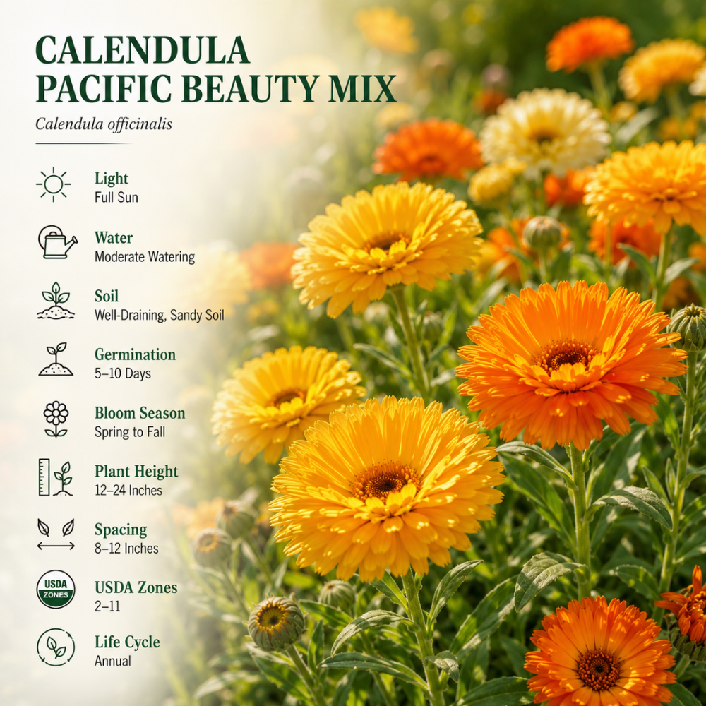 50 Calendula Pacific Mix Seeds, Vigorous Non-GMO Heirloom Flower Seeds, Sturdy Low Maintenance Orange & Yellow Blooms for Patios & Gardens