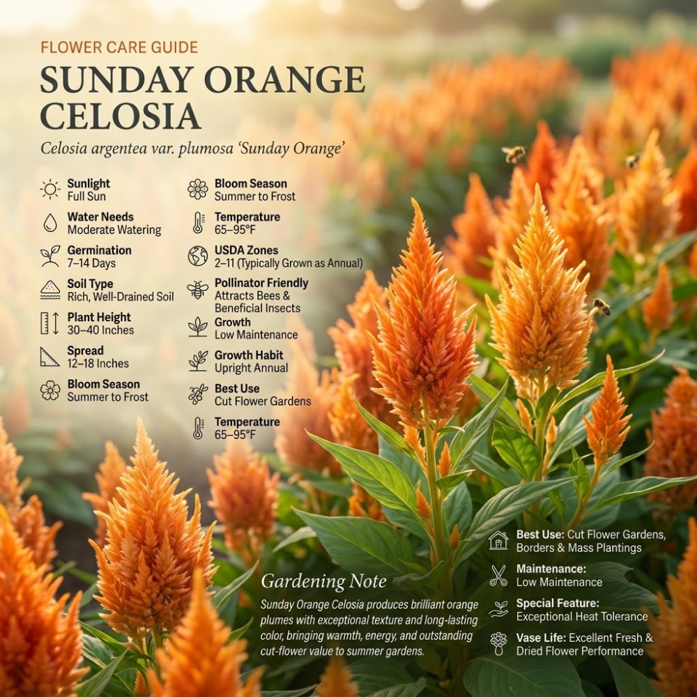 50 Pcs Sunday Orange Celosia Seeds, Heirloom Feather Amaranth for Planting, Fast-Growing Plants for Bright Sunlit Gardens