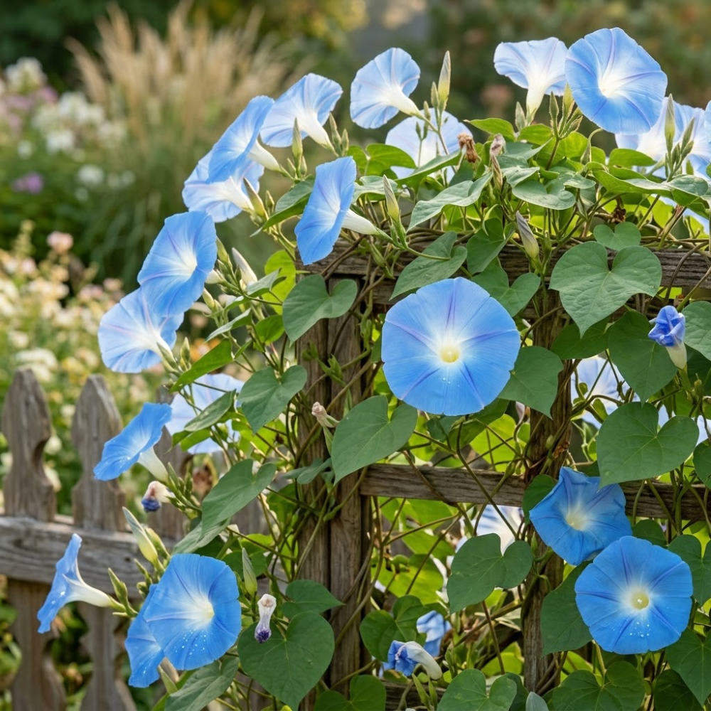 50 Pcs Morning Glory Seeds for Planting, Non-GMO Heirloom Heavenly Blue Seeds, Low Maintenance Sky Blue Blooms for Trellises & Fences
