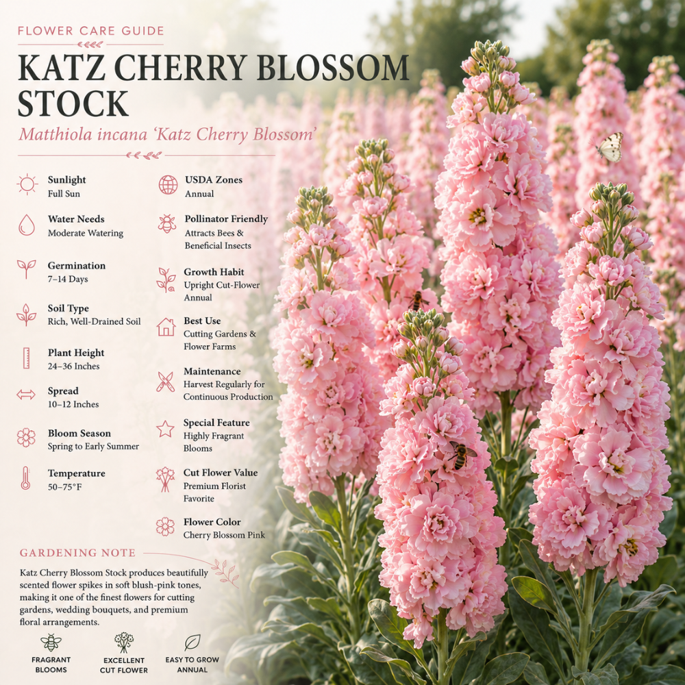 50 Pcs Stock Katz Cherry Blossom Seeds, Heirloom Non-GMO Annual, Low Maintenance Cold-Hardy Pastel Pink Blooms for Cut Floral Bouquets
