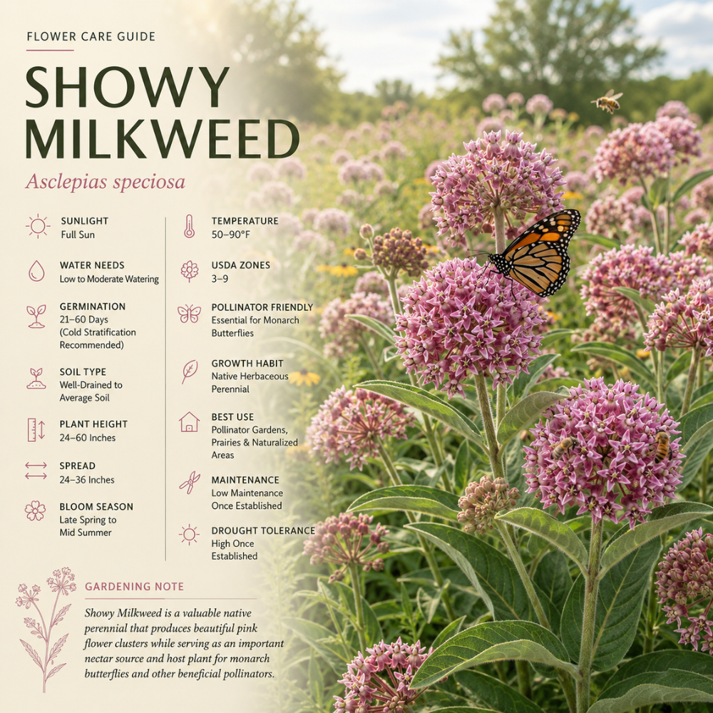 50 Pcs Showy Milkweed Seeds for Planting Outdoors, Non-GMO Heirloom Perennial Flowers, Low Maintenance Pink Blooms for Butterfly Yard Borders