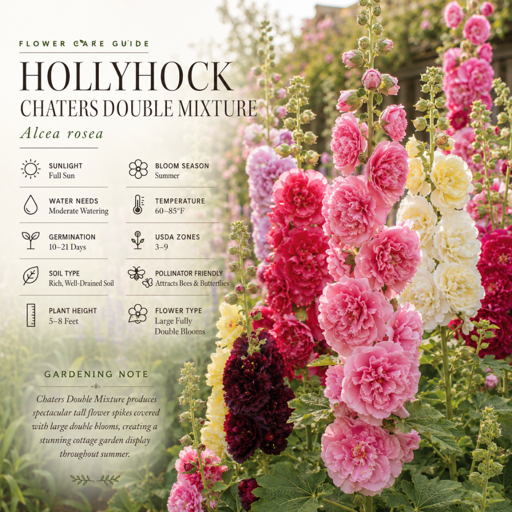 50 Hollyhock Chaters Mix Seeds for Planting Outdoors, Vigorous Non-GMO Heirloom Flower Seeds, Sturdy Tall & Striking Ruffled Blooms for Gardens