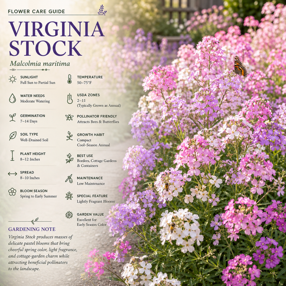 1000 Pcs Virginia Stock Seeds for Planting Outdoors, Non-GMO Heirloom Fragrant Flowers, Cold-Hardy Pink & Lilac Blooms for Yard Borders