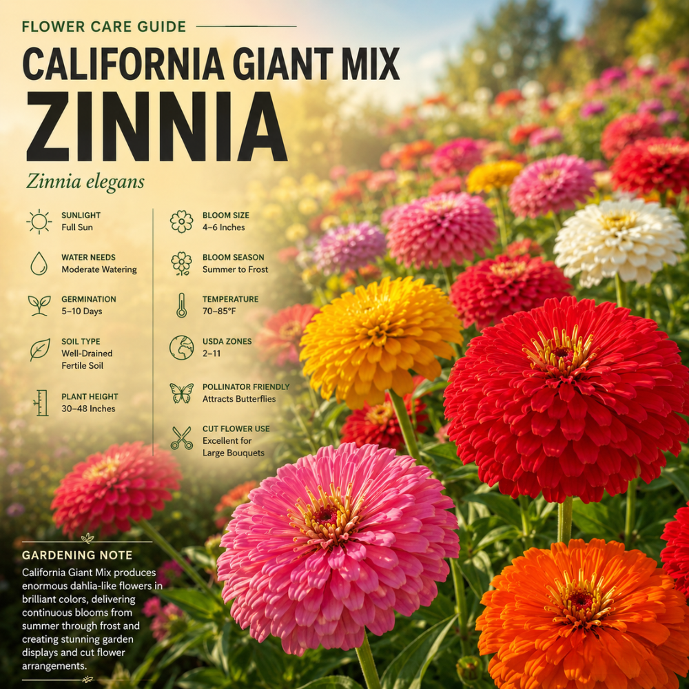 50 Dwarf Zinnia Seeds California Giant Mix for Planting Outdoors, Non-GMO Heirloom Flower Seeds, Sturdy Tall Stems & Striking Massive Blooms for Cutting Gardens