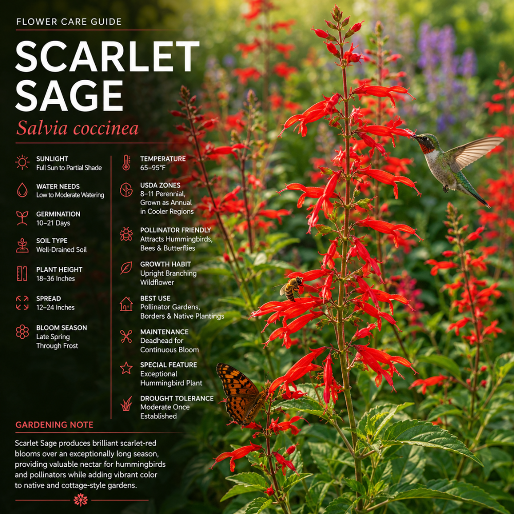 100 Pcs Scarlet Sage Seeds, Heirloom Non-GMO Flowers, Low Maintenance Vibrant Tubular Blooms for Hummingbirds