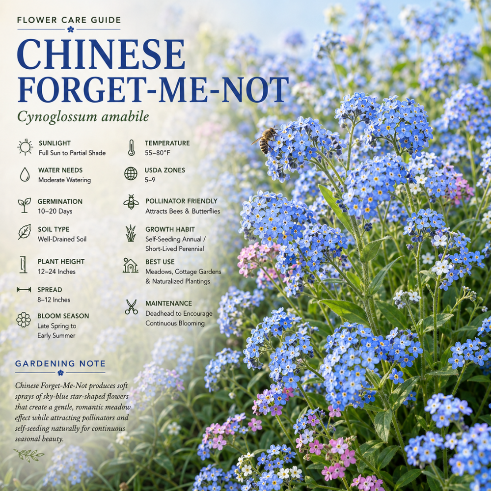 150 Pcs Chinese Forget Me Not Seeds for Planting Outdoors, Non-GMO Heirloom Blue Flowers, Low Maintenance Vigorous Blooms for Stunning Yard Borders