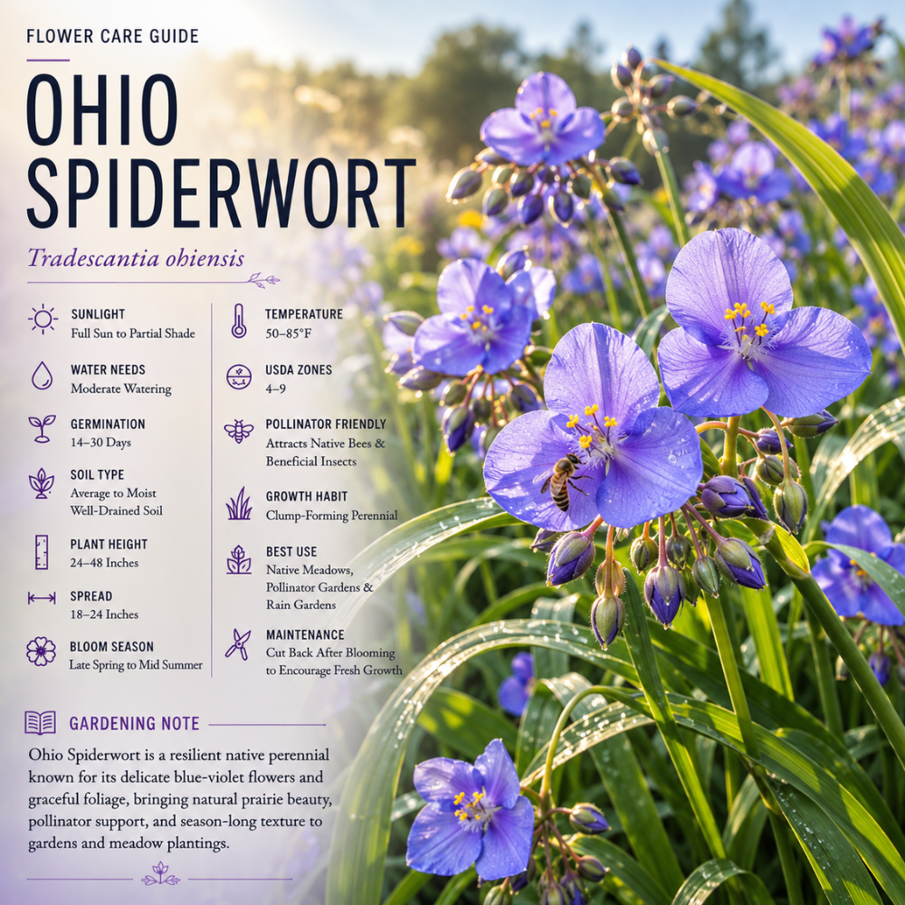 100 Pcs Ohio Spiderwort Seeds for Planting Outdoors, Non-GMO Heirloom Perennial Flowers, Low Maintenance Blue Blooms for Yard Borders