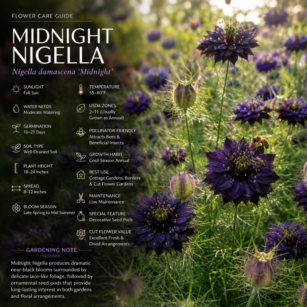 100 Pcs Midnight Nigella Seeds for Planting Outdoors, Non-GMO Heirloom Love in a Mist Flowers, Low Maintenance Dark Violet Blooms for Yard Borders