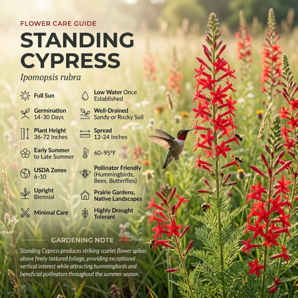 200 Pcs Standing Cypress Seeds for Planting Outdoors, Non-GMO Heirloom Tall Red Flowers, Low Maintenance Tubular Blooms for Yard Borders