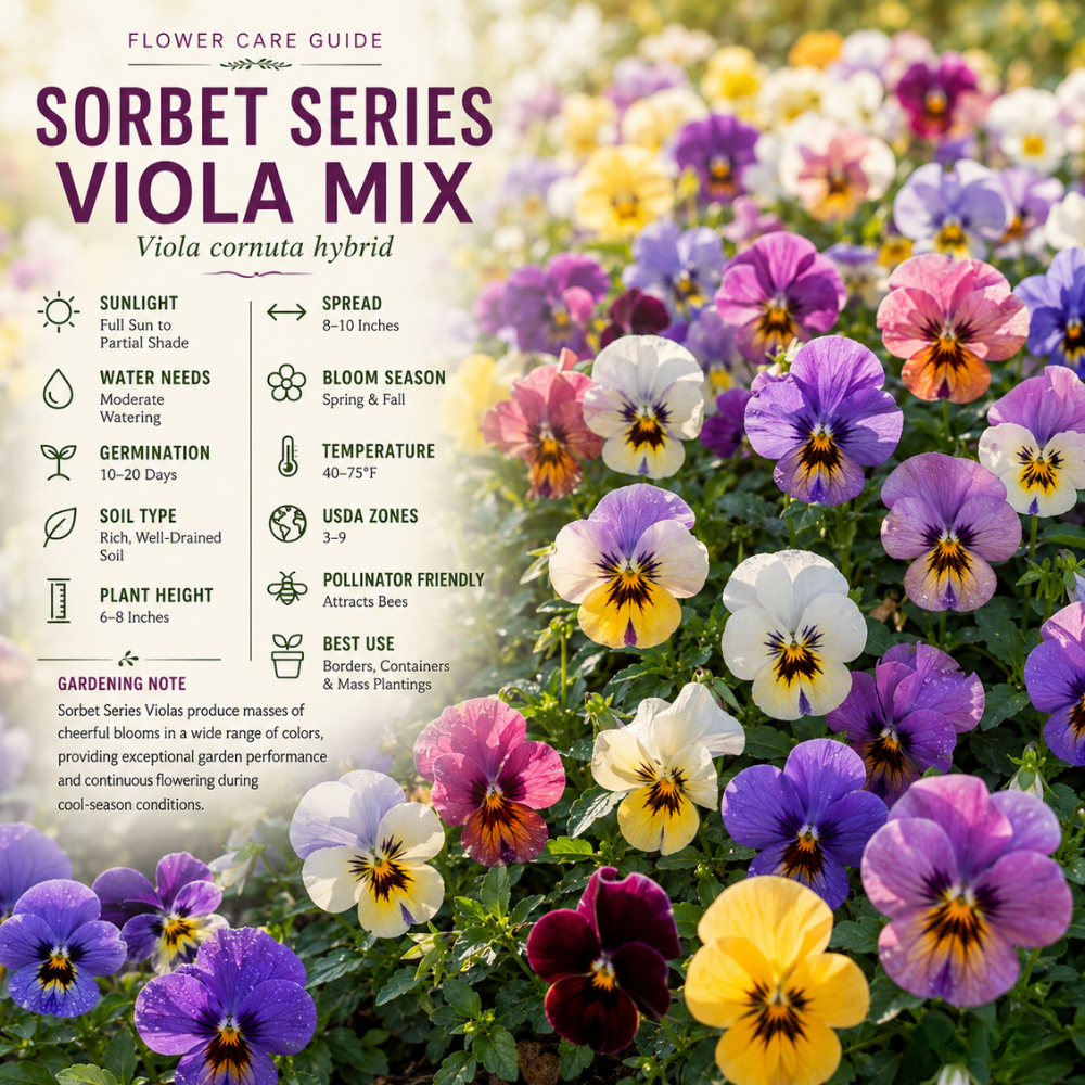 25 Sorbet Series Viola Mix Seeds for Planting Outdoors, Non-GMO Flower Seeds, Sturdy Low Maintenance Cold-Hardy Blooms for Patios
