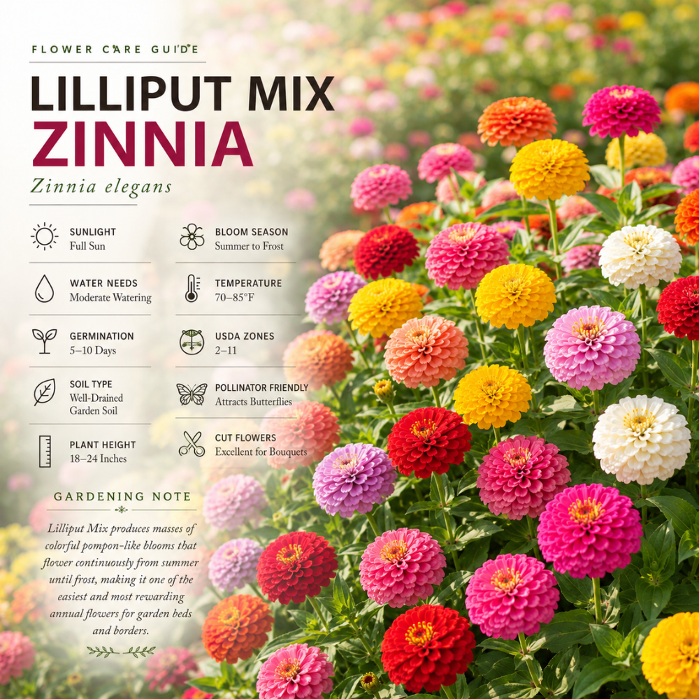 50 Dwarf Zinnia Seeds Lilliput Mixture for Planting Outdoors, Non-GMO Heirloom Flower Seeds, Low Maintenance Dwarf Pom-Pom Blooms for Patios & Gardens