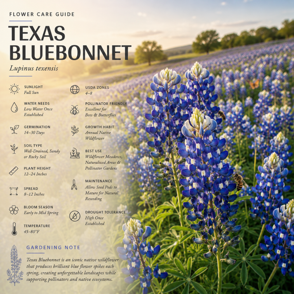 50 Pcs Texas Bluebonnet Seeds for Planting Outdoors, Non-GMO Heirloom Wildflowers, Low Maintenance Blue Floral Spikes for Yard Borders