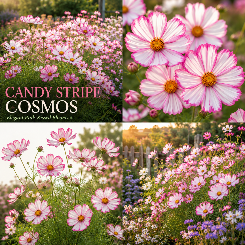 60 Pcs Candystripe Cosmos Seeds for Planting, Non-GMO Heirloom Pink & White Striped Flowers, Low Maintenance Blooms for Yard Borders