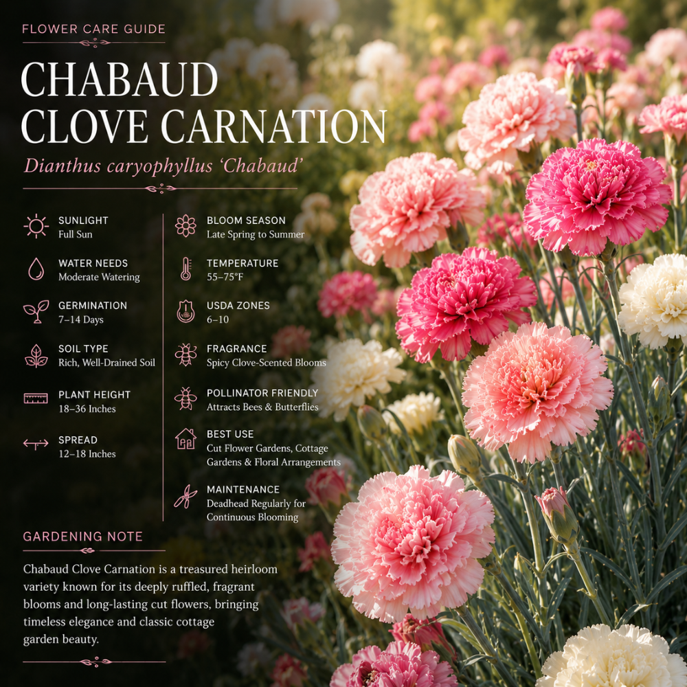 100 Pcs Carnation Flower Seeds for Planting Outdoors, Non-GMO Heirloom Chabaud Clove Flowers, Low Maintenance Fragrant Ruffled Blooms for Spring Yard