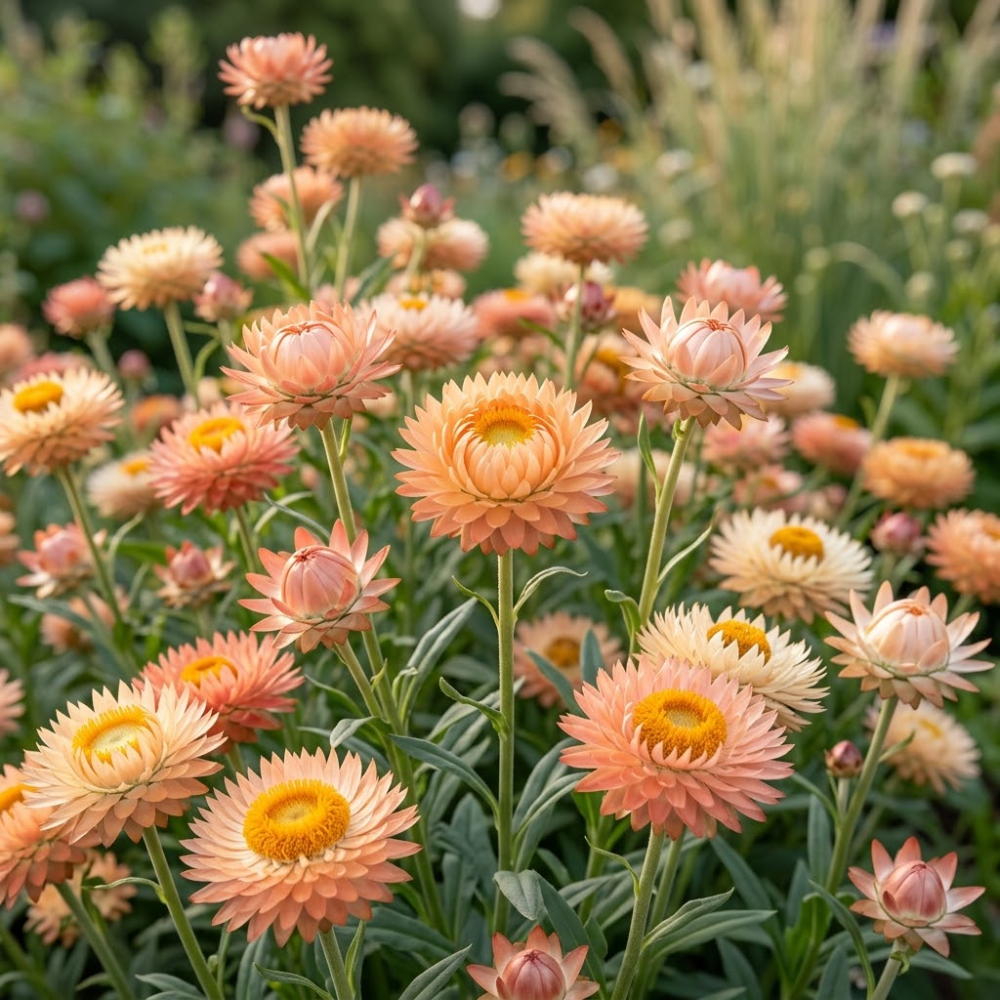 25 Pcs Organic Apricot Peach Strawflower Seeds Heirloom Non-GMO Annual, Low Maintenance Blooms for Everlasting Cut Flowers
