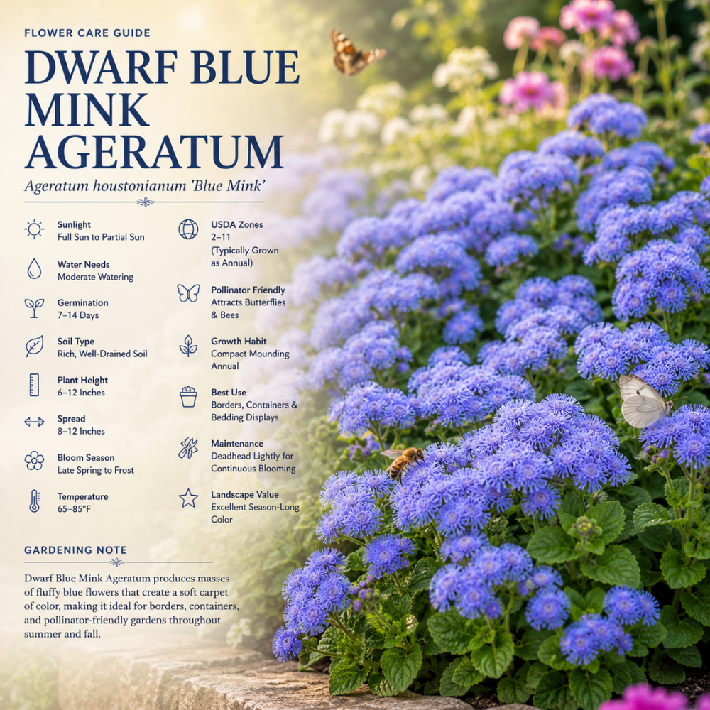 120 Pcs Dwarf Blue Mink Ageratum Seeds for Planting Outdoors, Non-GMO Heirloom Fluffy Flowers, Low Maintenance Powder Blue Blooms for Yard Borders
