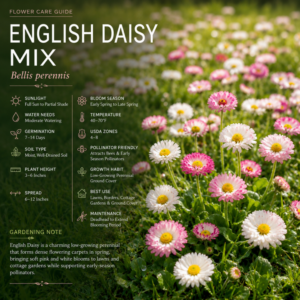 300 Pcs English Daisy Seeds Mix for Planting Outdoors, Non-GMO Heirloom Bellis Perennis, Low Maintenance Button Blooms for Spring Yard Borders