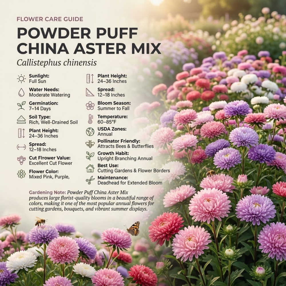 200 Pcs Powder Puff Aster Seeds Mix, Heirloom Non-GMO Annual, Low Maintenance Colorful Fluffy Blooms for Late Summer Yard Borders